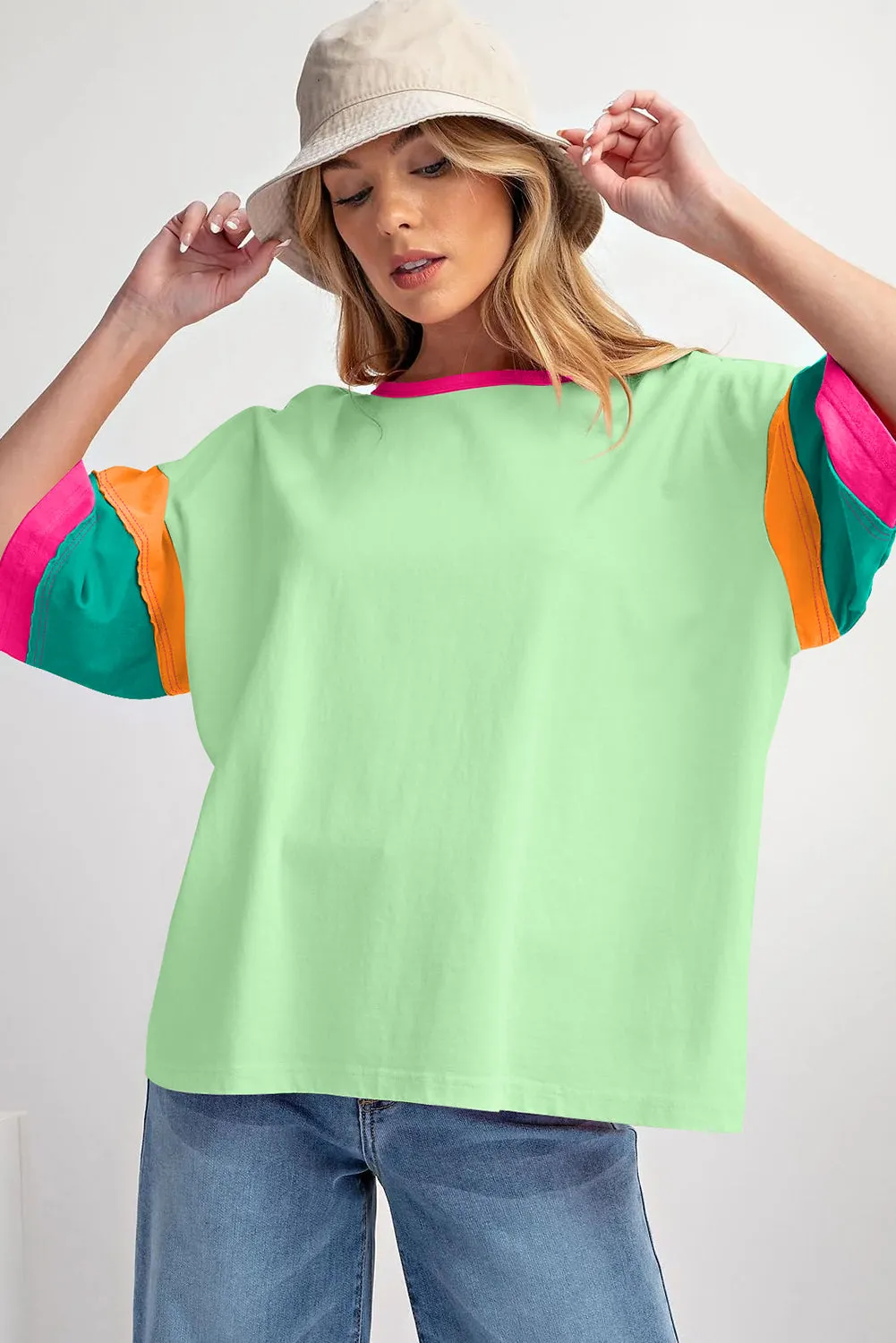 Green Color Block Stitching Sleeve Round Neck Oversize Top
