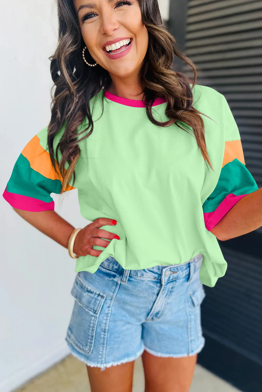 Green Color Block Stitching Sleeve Round Neck Oversize Top