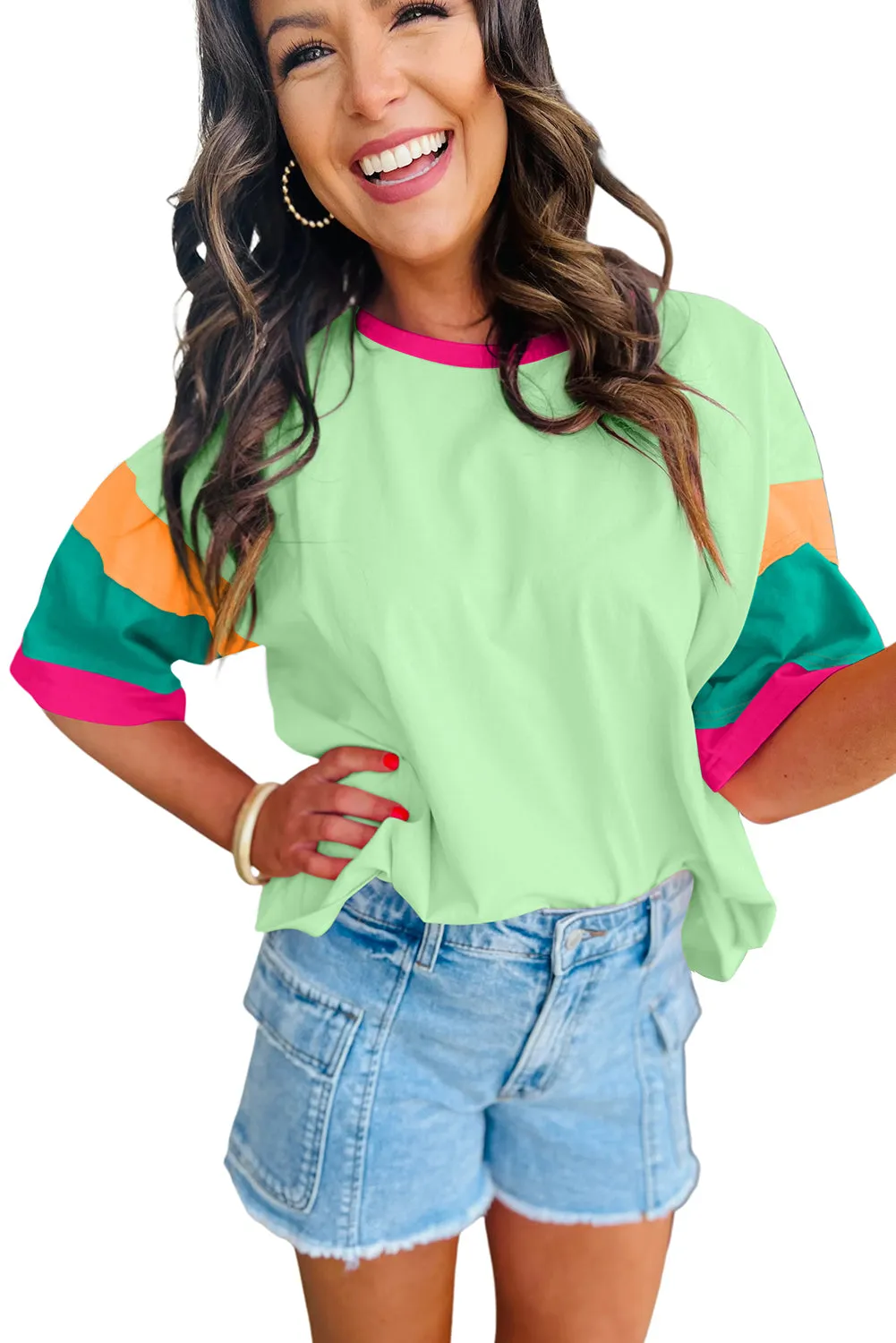 Green Color Block Stitching Sleeve Round Neck Oversize Top