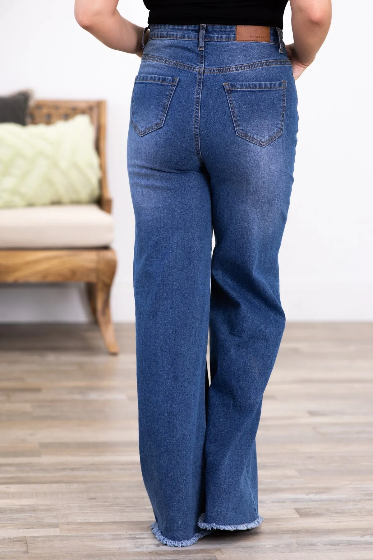 Harper Medium Wash Fray Hem Wide Leg Jeans