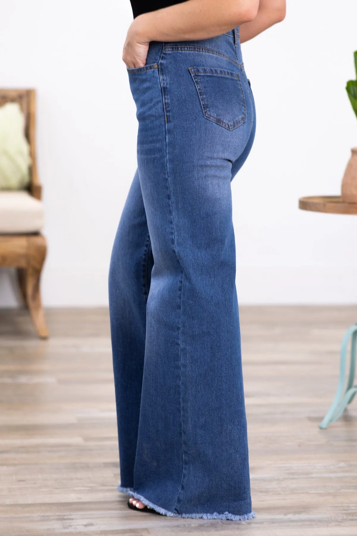 Harper Medium Wash Fray Hem Wide Leg Jeans