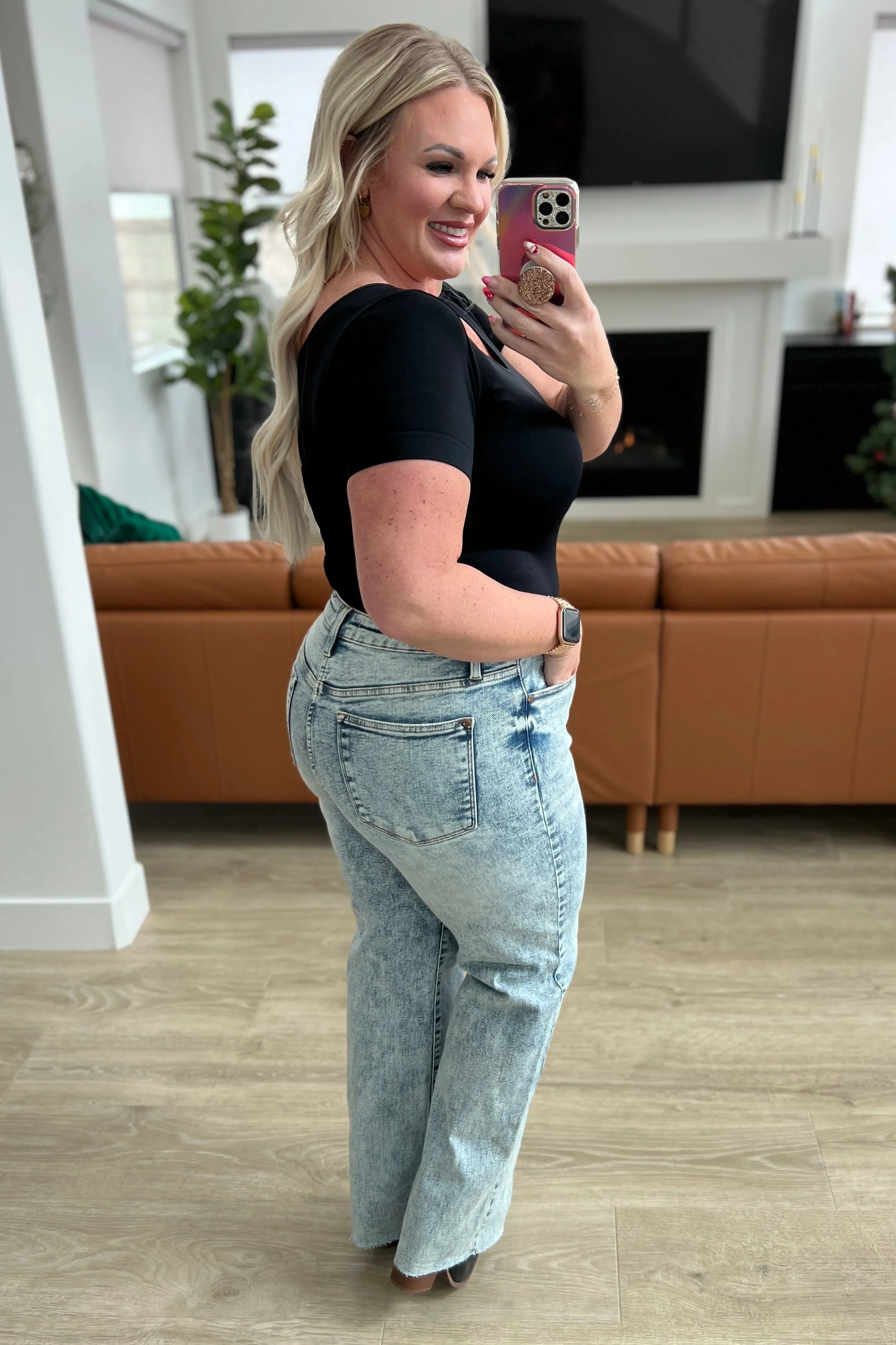 Hazel Blues® |  Dory High Waist Mineral Wash Raw Hem Wide Leg Jeans