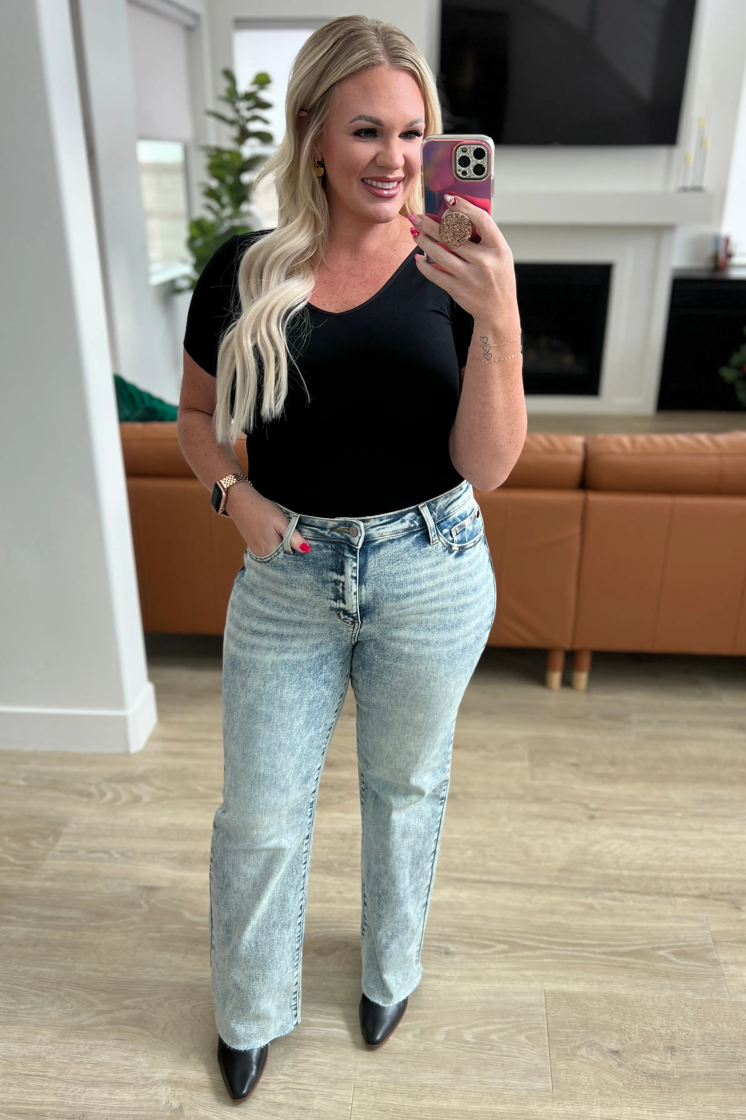 Hazel Blues® |  Dory High Waist Mineral Wash Raw Hem Wide Leg Jeans