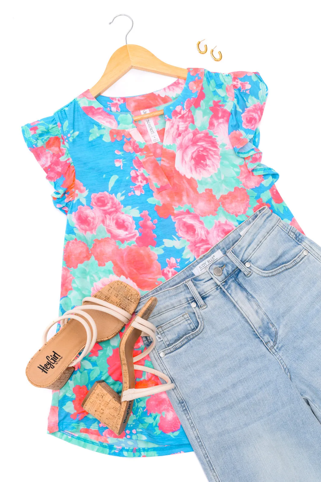 Hazel Blues® |  Lizzy Flutter Sleeve Top in Blue and Pink Roses