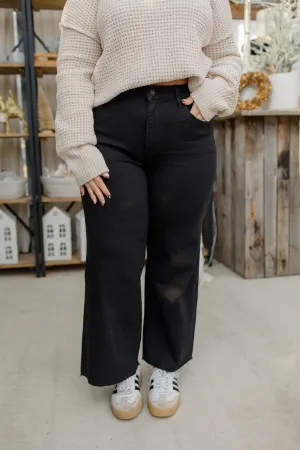 HIGH RISE RAW HEM CROP WIDE LEG JEANS