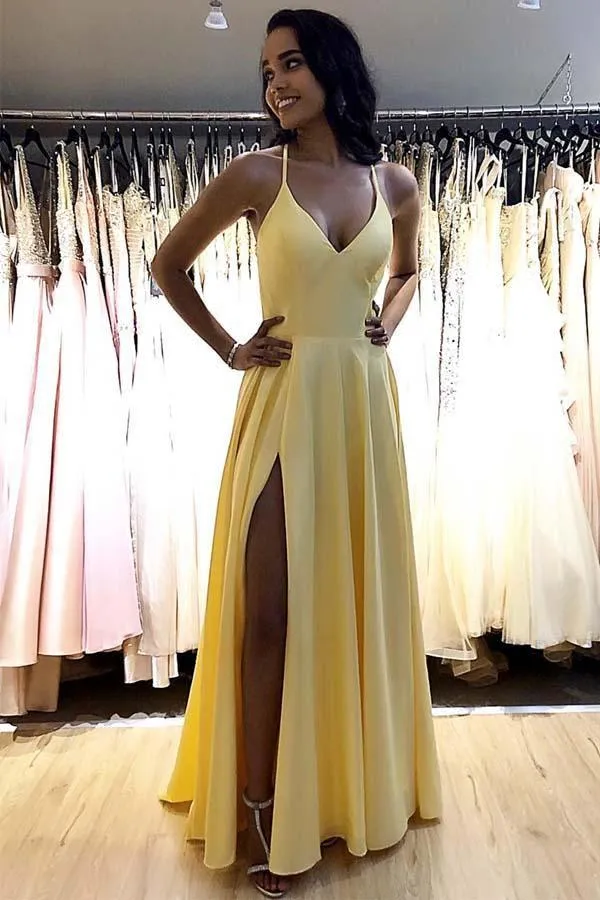 Hot Sale Simple Satin A-Line V-neck Prom Dresses Evening Dress With Side Slit, SP620
