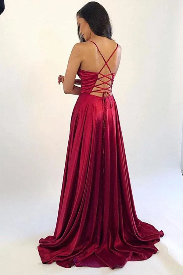 Hot Sale Simple Satin A-Line V-neck Prom Dresses Evening Dress With Side Slit, SP620