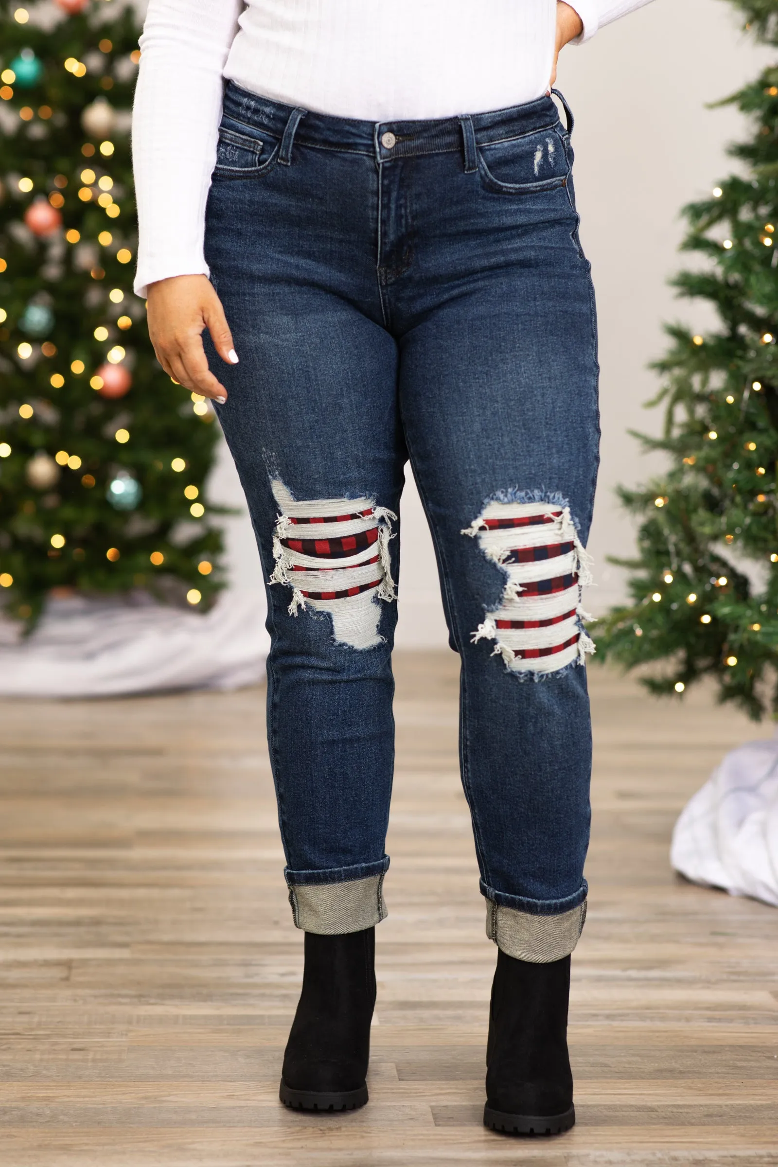 Judy Blue Distressed Jeans With Plaid Backing