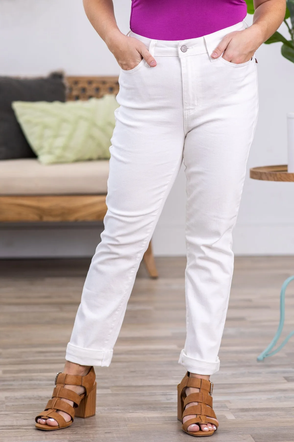 Judy Blue White Double Cuff Boyfriend Jeans