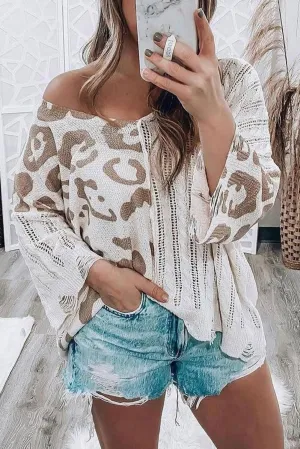 Khaki Leopard Splicing Hollowed Knit Loose V Neck Sweater