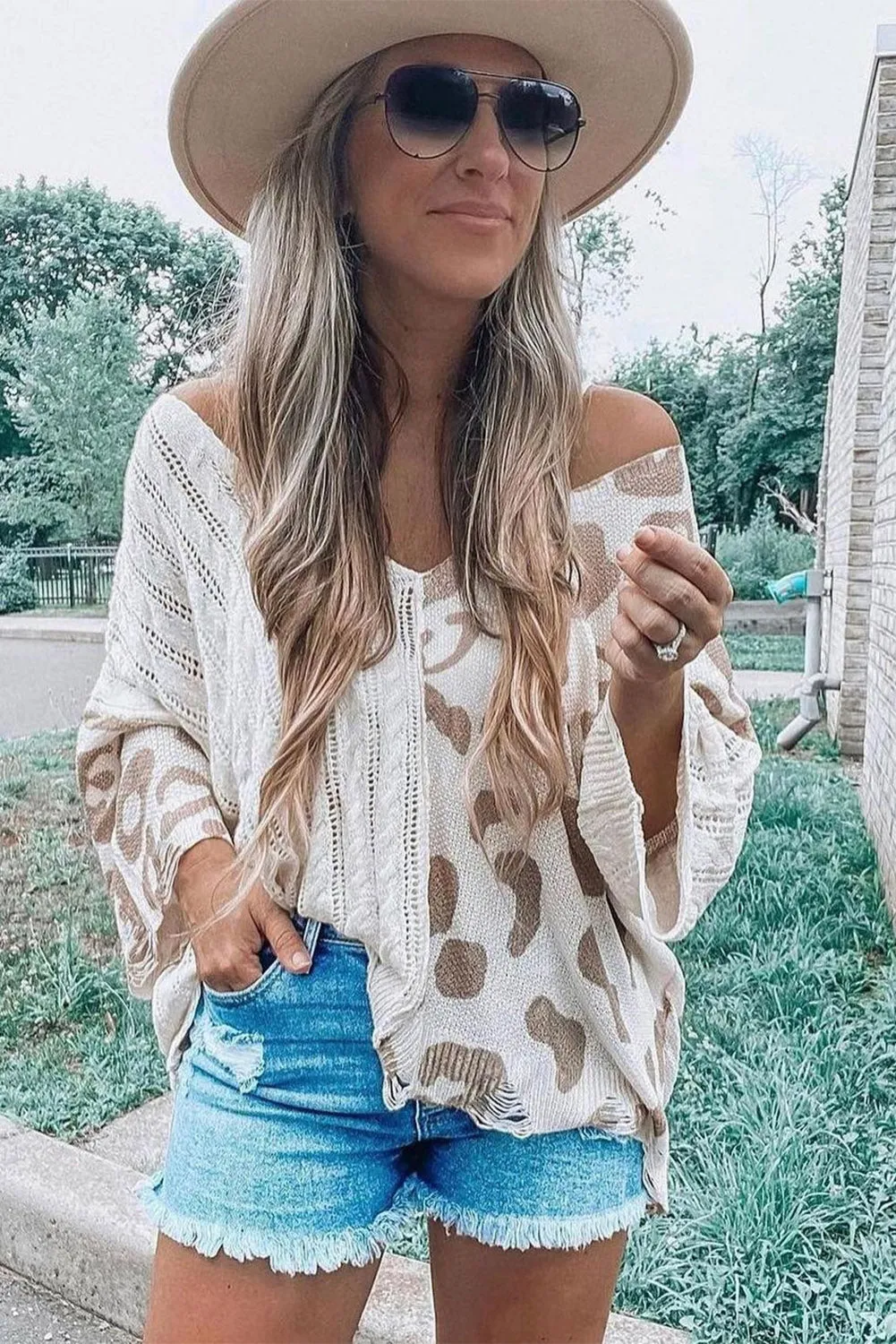 Khaki Leopard Splicing Hollowed Knit Loose V Neck Sweater