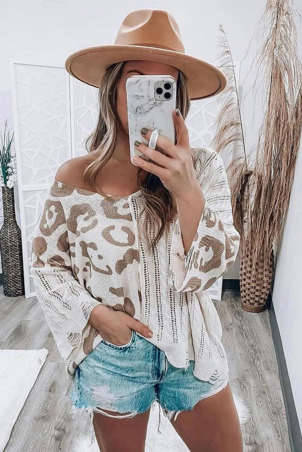 Khaki Leopard Splicing Hollowed Knit Loose V Neck Sweater