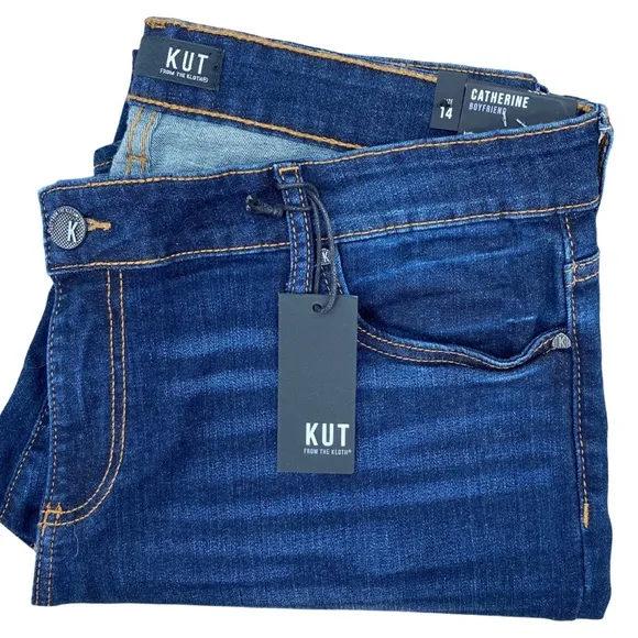 Kut from the Kloth Catherine Mid-Rise Boyfriend Dark Blue Jeans Size 14 NWT