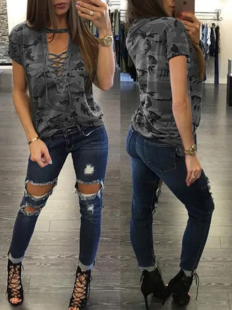Ladies Short Sleeve Camouflage Loose Blouse