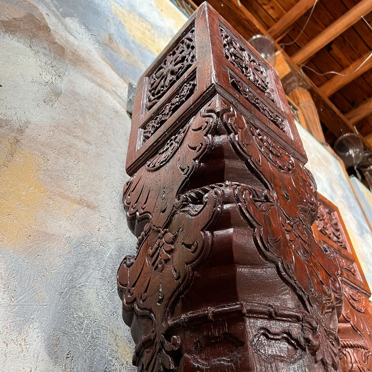 Large Pair Indian Carved Teak and Limestone Haveli Architectural Pillars