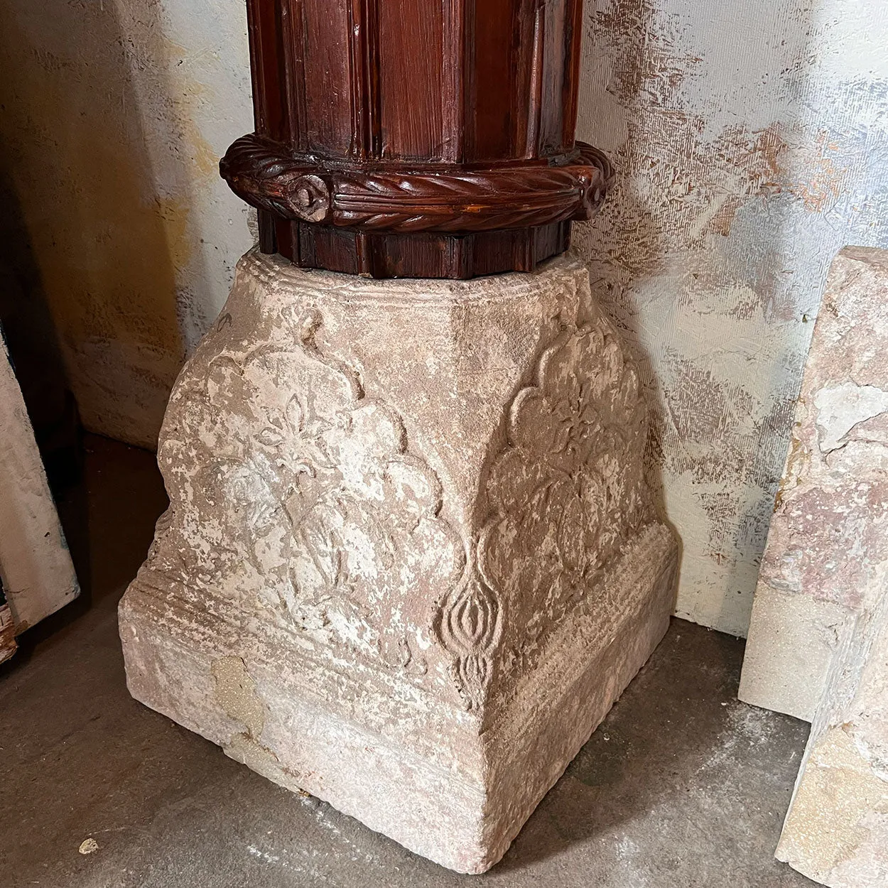 Large Pair Indian Carved Teak and Limestone Haveli Architectural Pillars