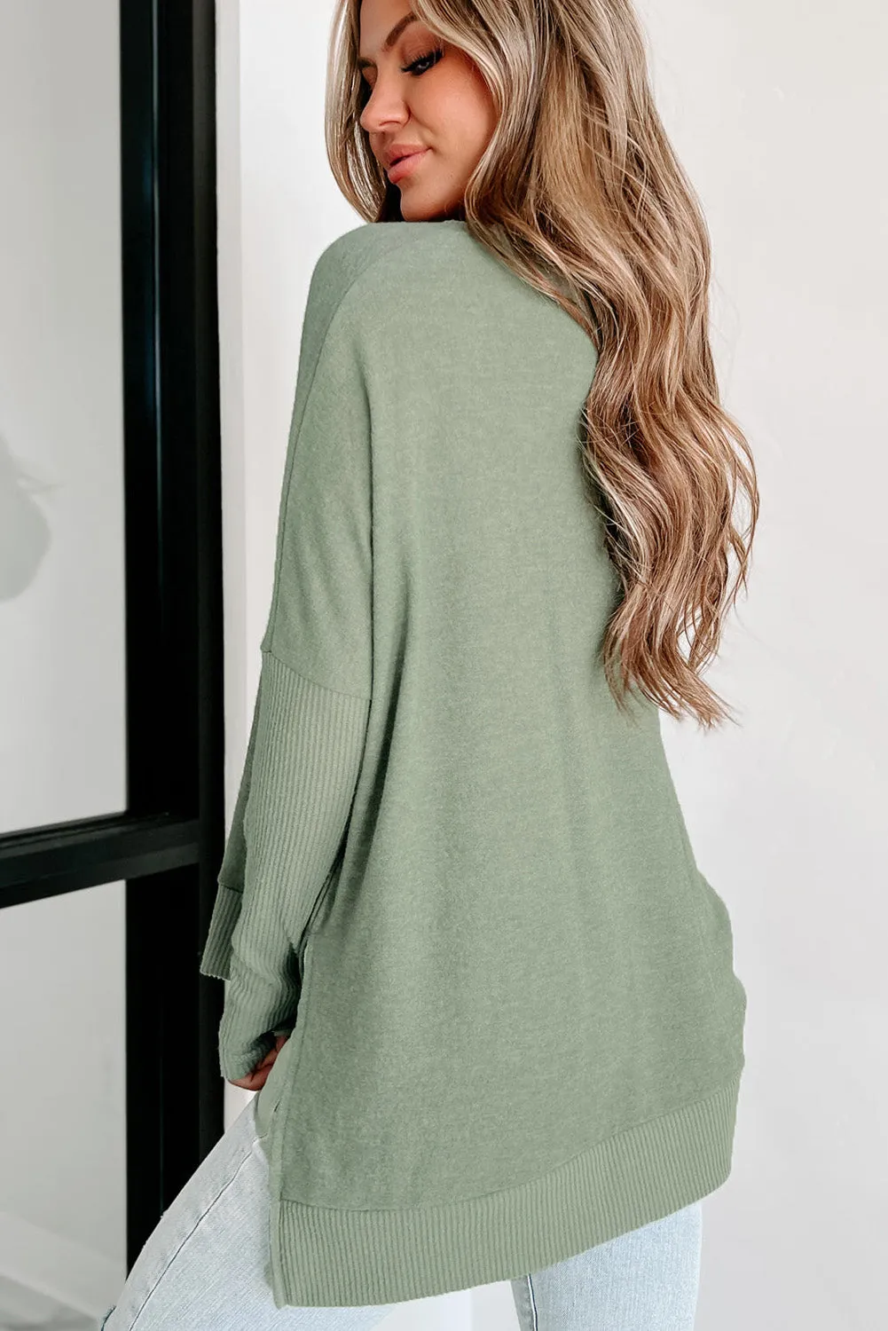 Laurel Green Ribbed Splicing Fuzzy Knit Loose Sweater
