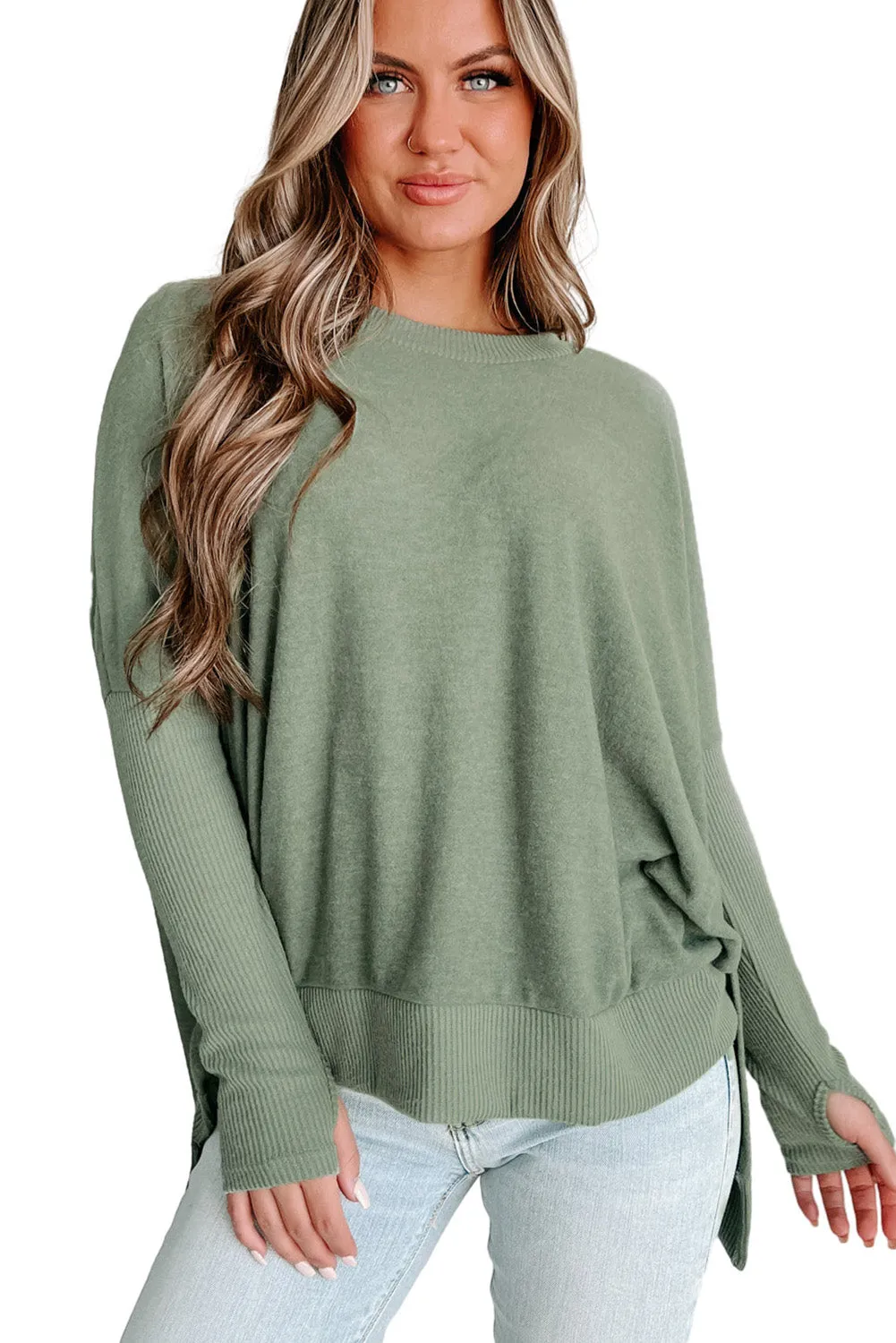 Laurel Green Ribbed Splicing Fuzzy Knit Loose Sweater