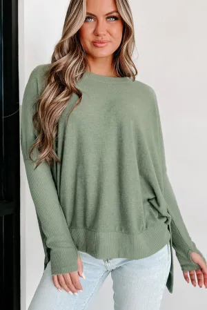 Laurel Green Ribbed Splicing Fuzzy Knit Loose Sweater