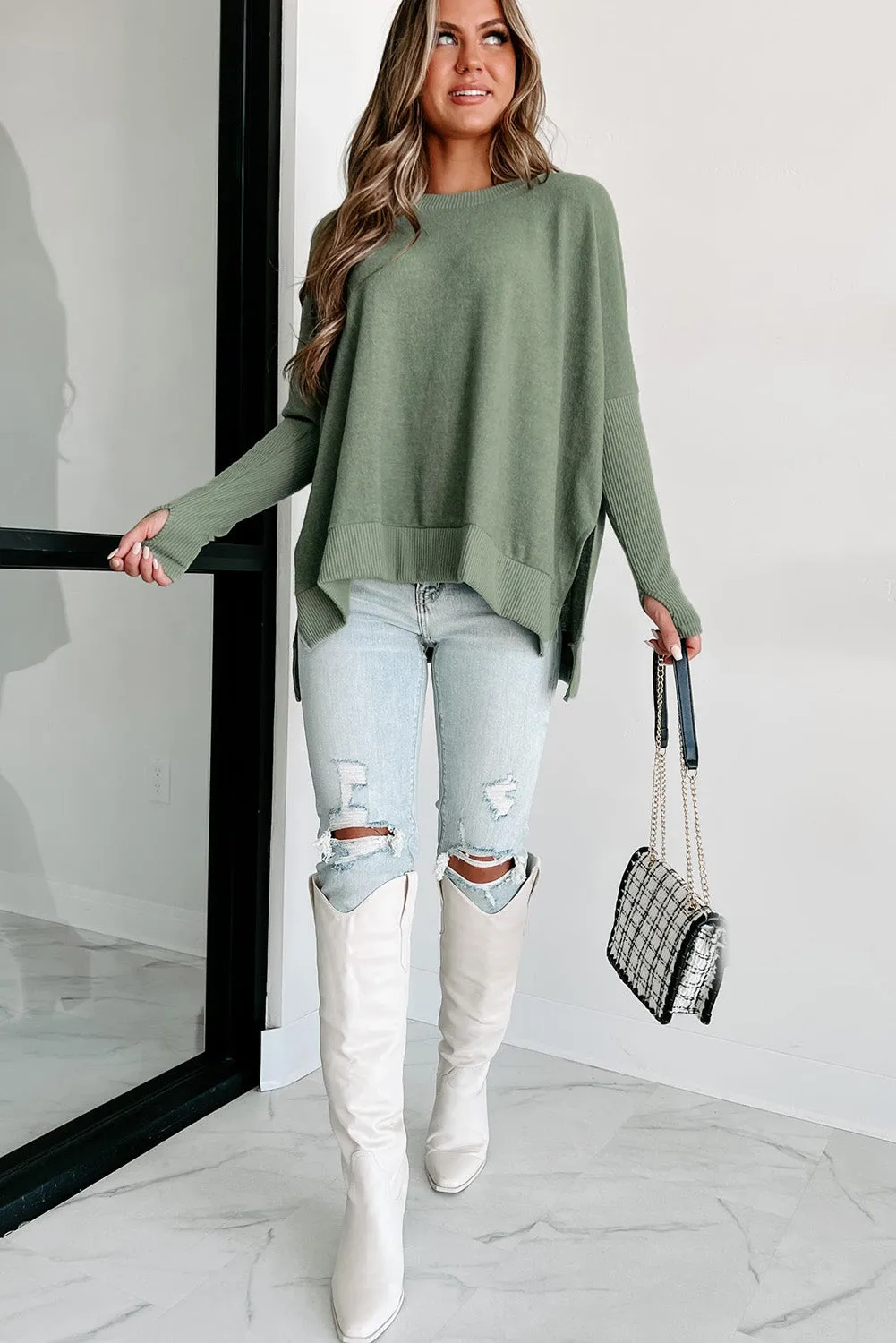 Laurel Green Ribbed Splicing Fuzzy Knit Loose Sweater