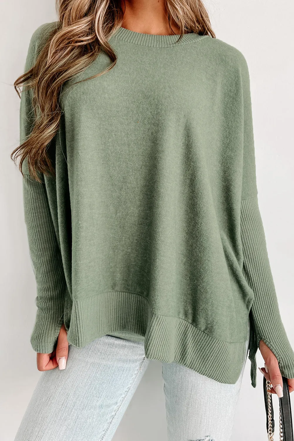 Laurel Green Ribbed Splicing Fuzzy Knit Loose Sweater