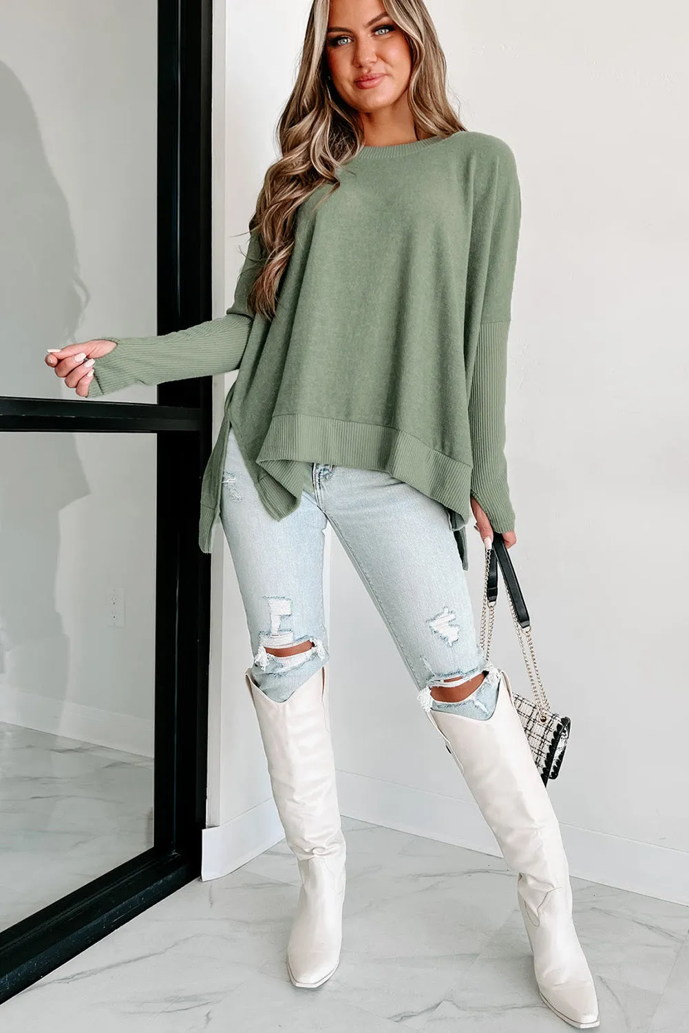 Laurel Green Ribbed Splicing Fuzzy Knit Loose Sweater