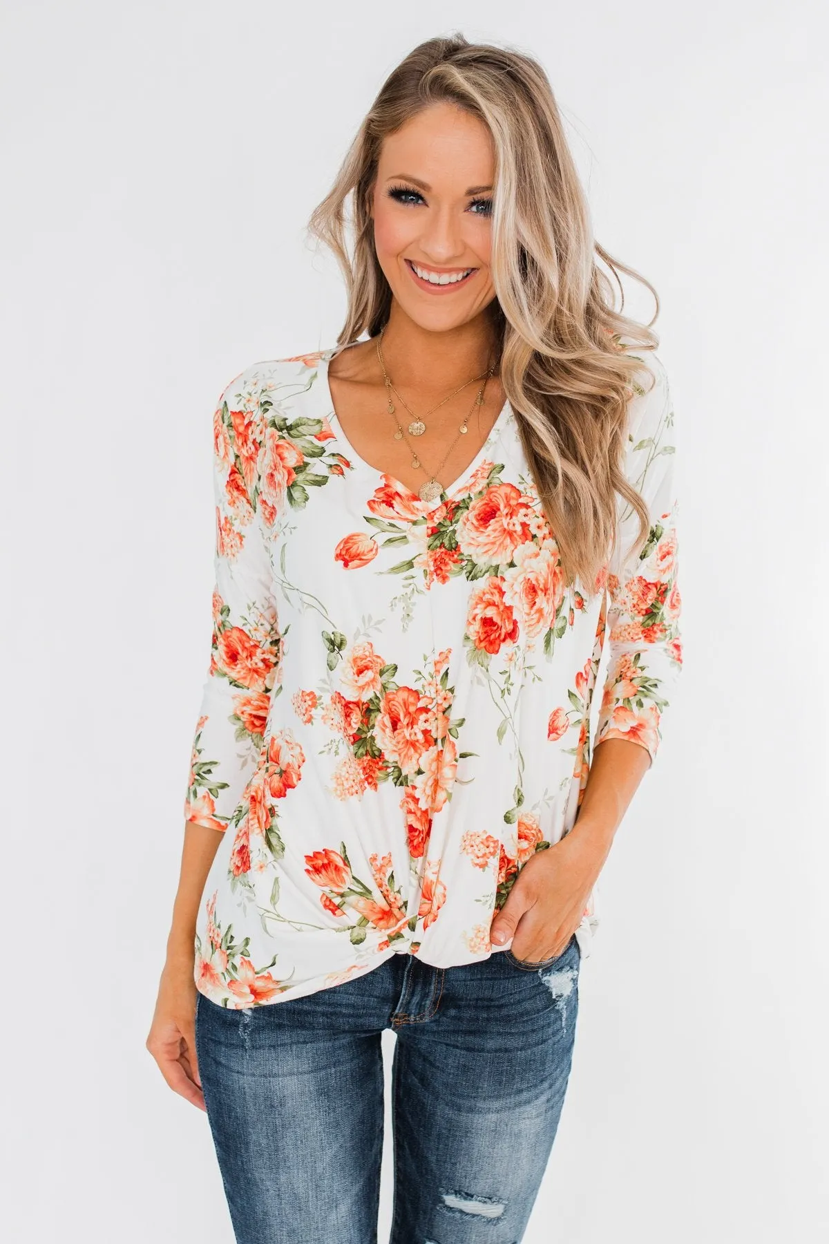 Lead Me In Love Floral Twist Top- Ivory