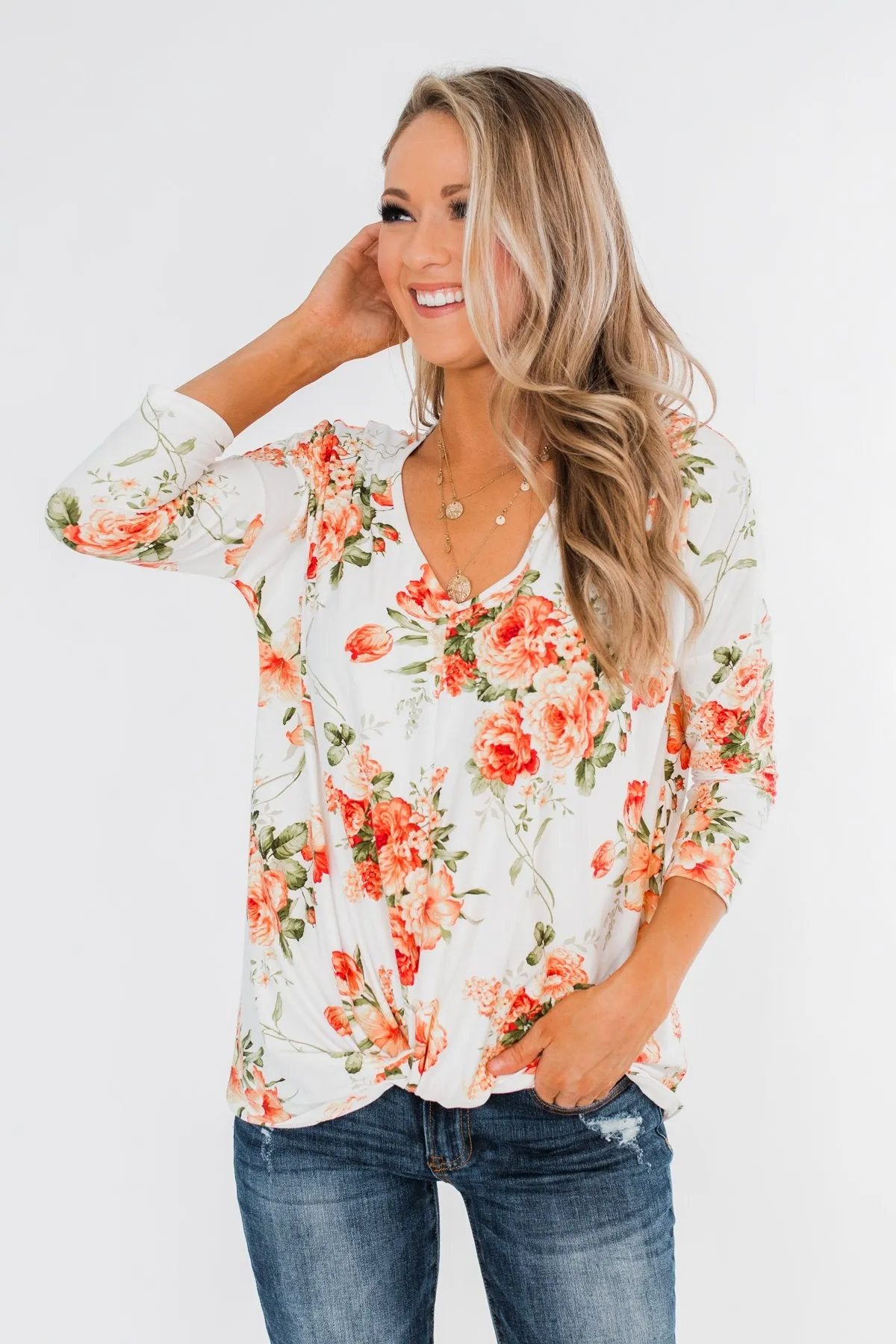 Lead Me In Love Floral Twist Top- Ivory