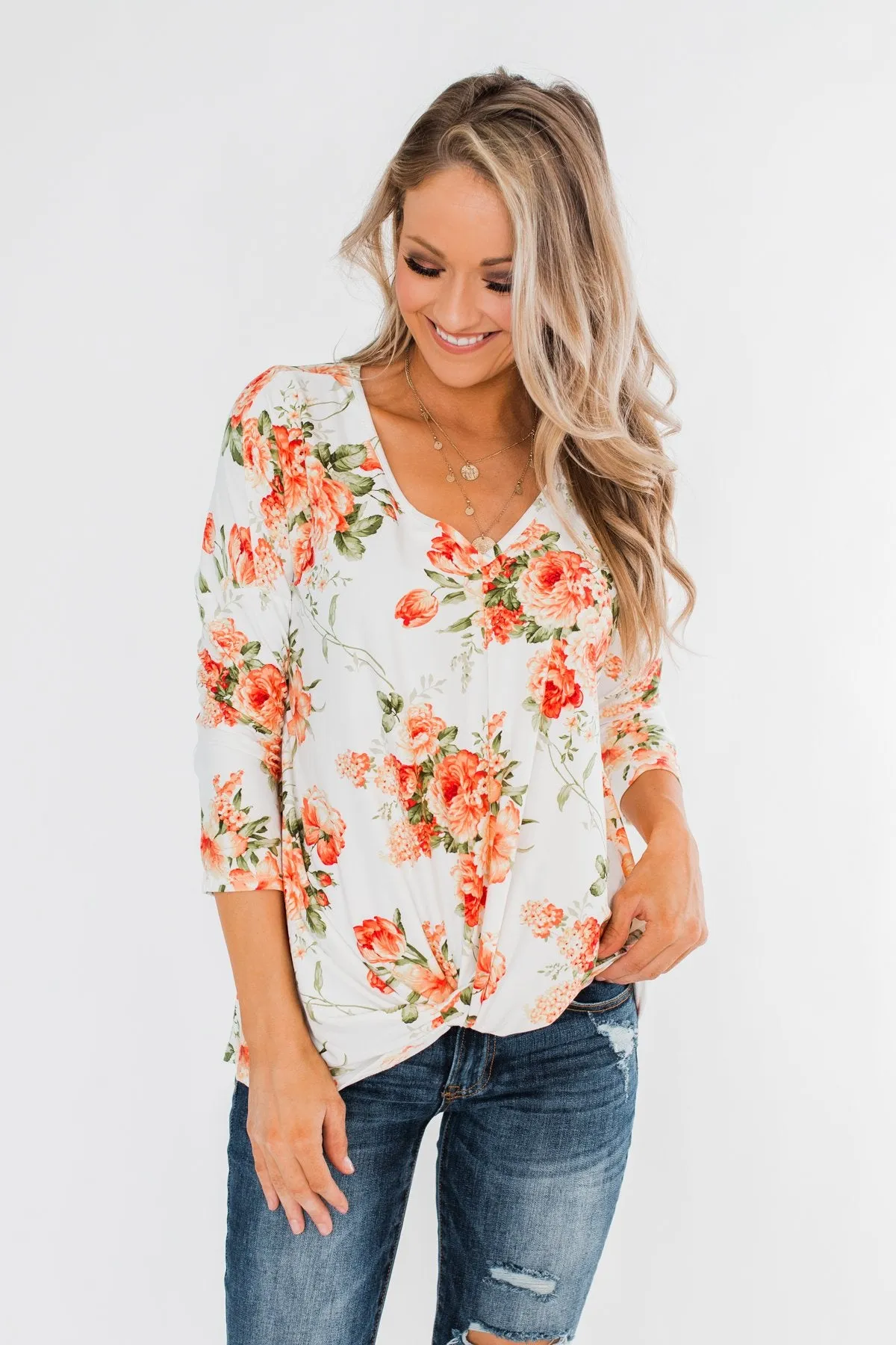 Lead Me In Love Floral Twist Top- Ivory