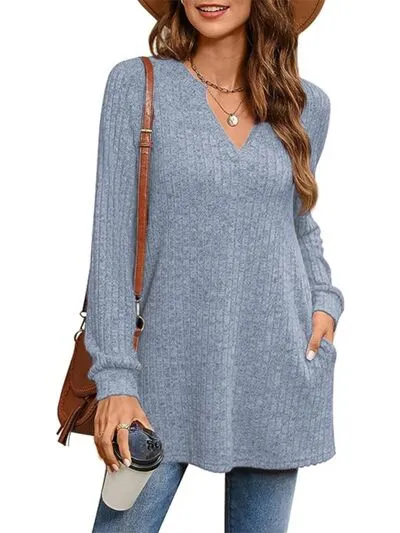 Lee Slit Notched Pocketed Long Sleeve T-Shirt