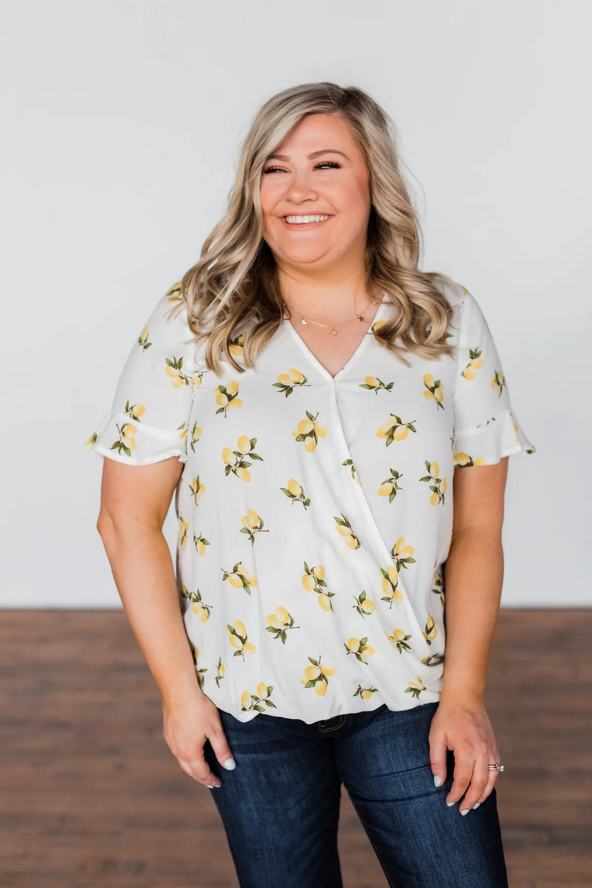 Lemon Print V-Neck Wrap Top- Ivory