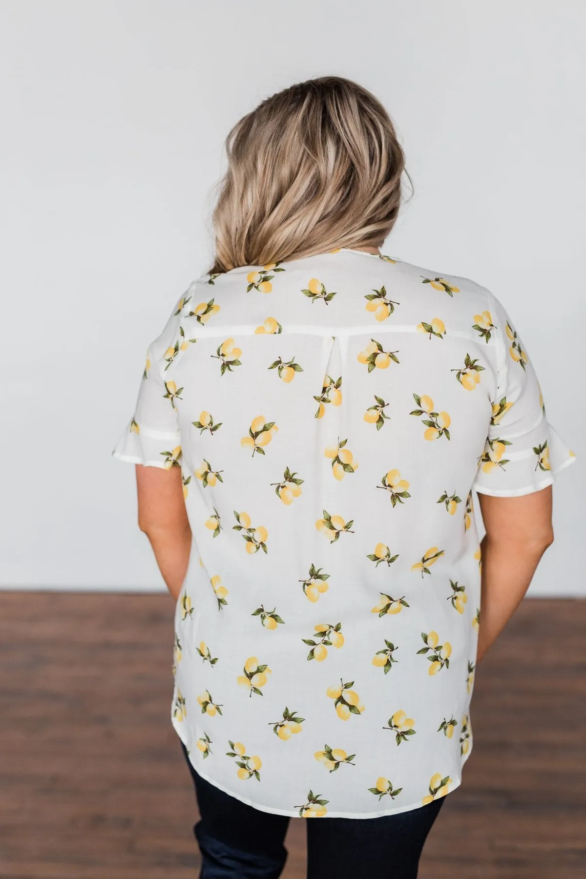 Lemon Print V-Neck Wrap Top- Ivory