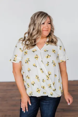 Lemon Print V-Neck Wrap Top- Ivory