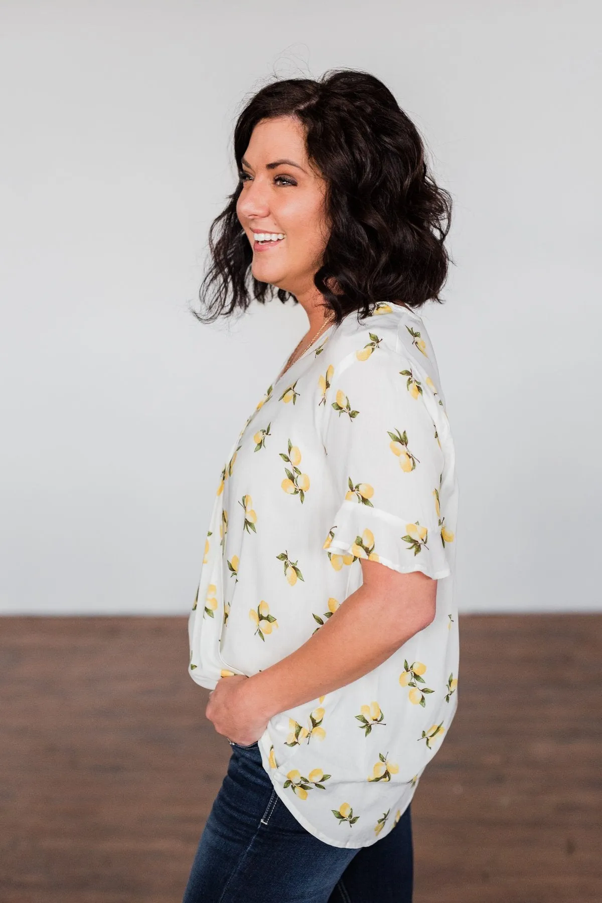 Lemon Print V-Neck Wrap Top- Ivory
