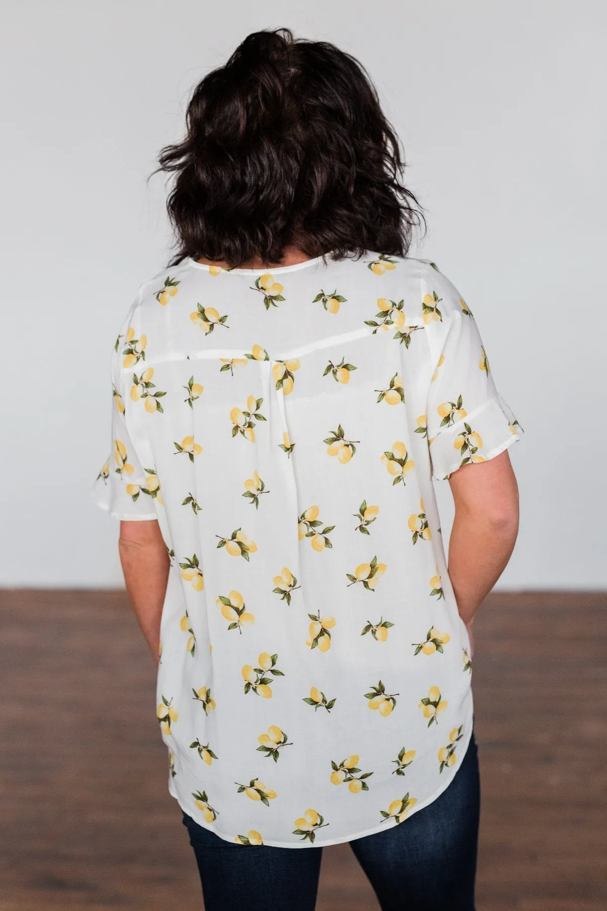 Lemon Print V-Neck Wrap Top- Ivory