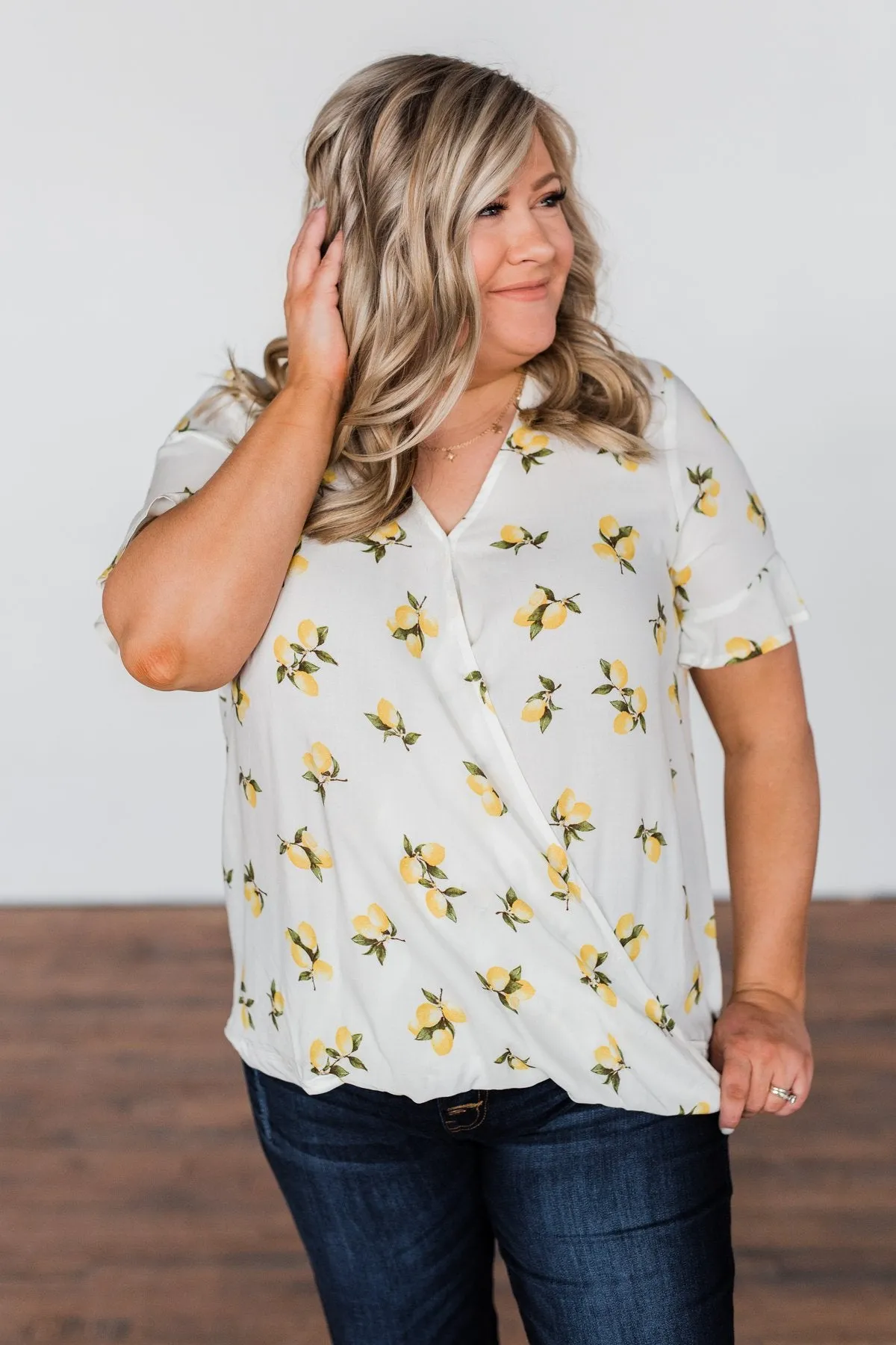 Lemon Print V-Neck Wrap Top- Ivory