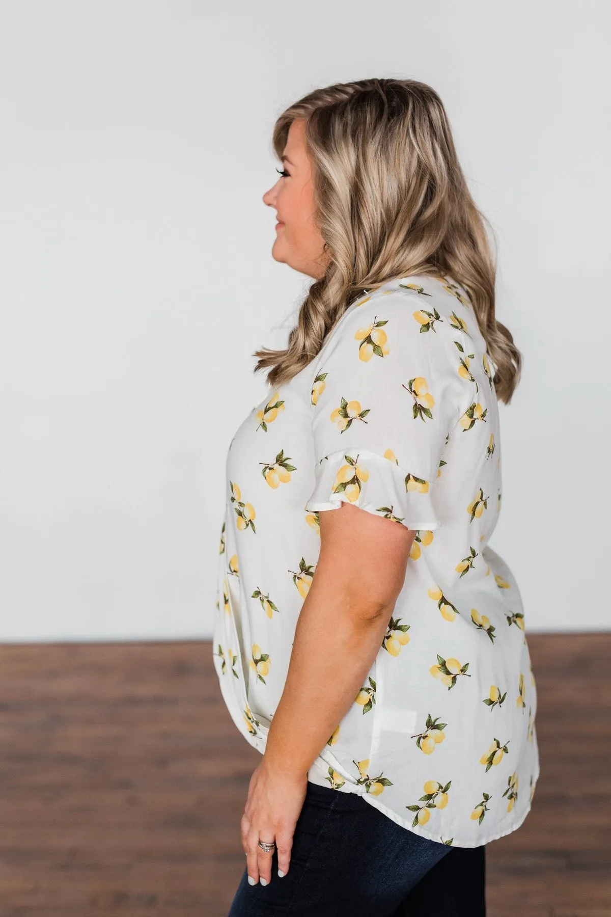 Lemon Print V-Neck Wrap Top- Ivory