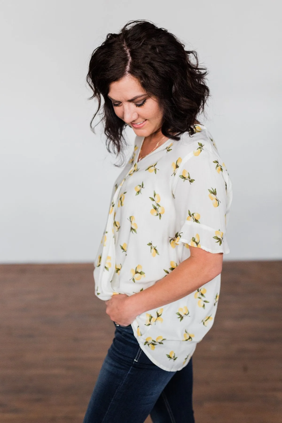 Lemon Print V-Neck Wrap Top- Ivory