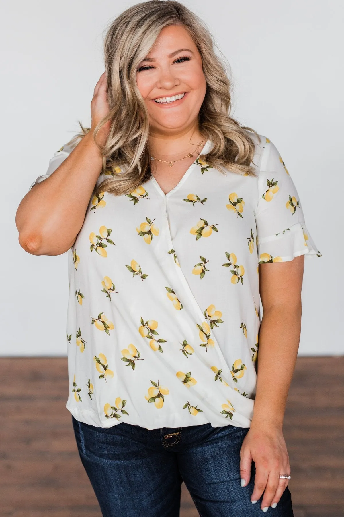 Lemon Print V-Neck Wrap Top- Ivory