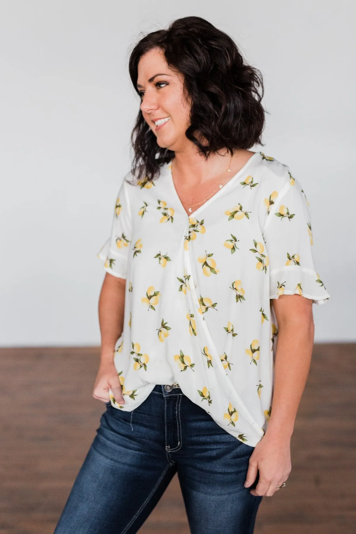 Lemon Print V-Neck Wrap Top- Ivory
