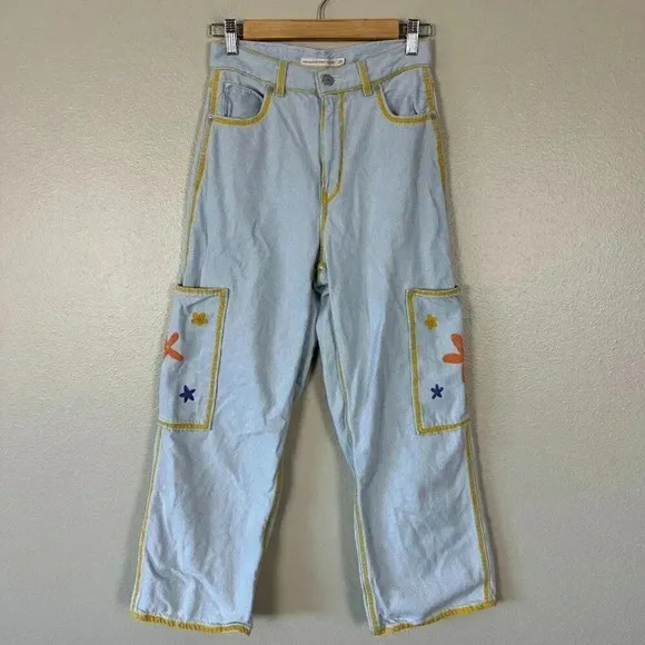 Levi's High Waisted Wide Leg Crop Jeans Hand Painted Boho Y2K Women's Size 25