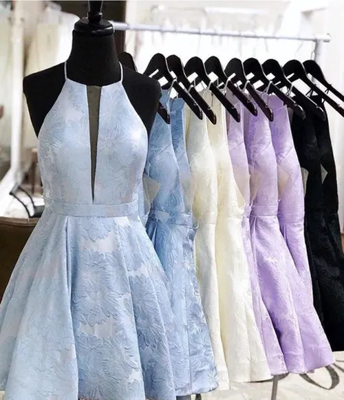 Lilac Floral Halter A-line Homecoming Dresses with Pocket | Graduation Dresses, SH462