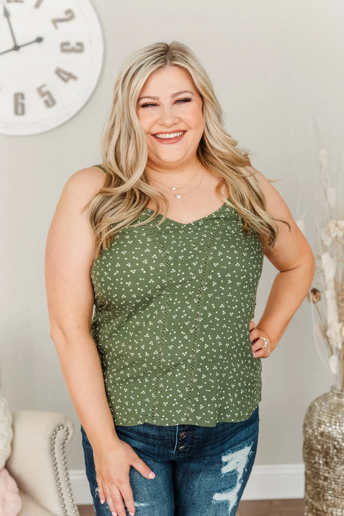 Love Yourself Spotted V-Neck Tank Top- Olive
