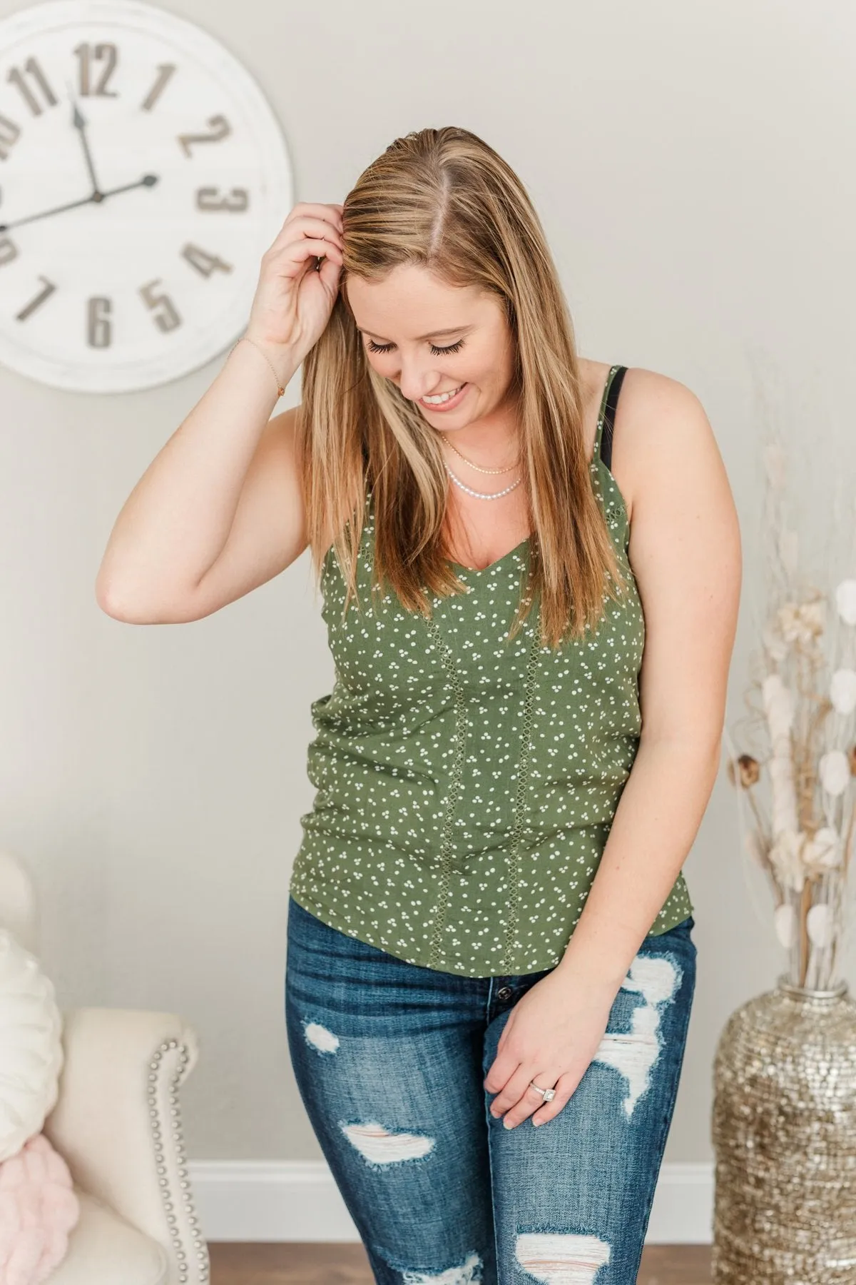 Love Yourself Spotted V-Neck Tank Top- Olive