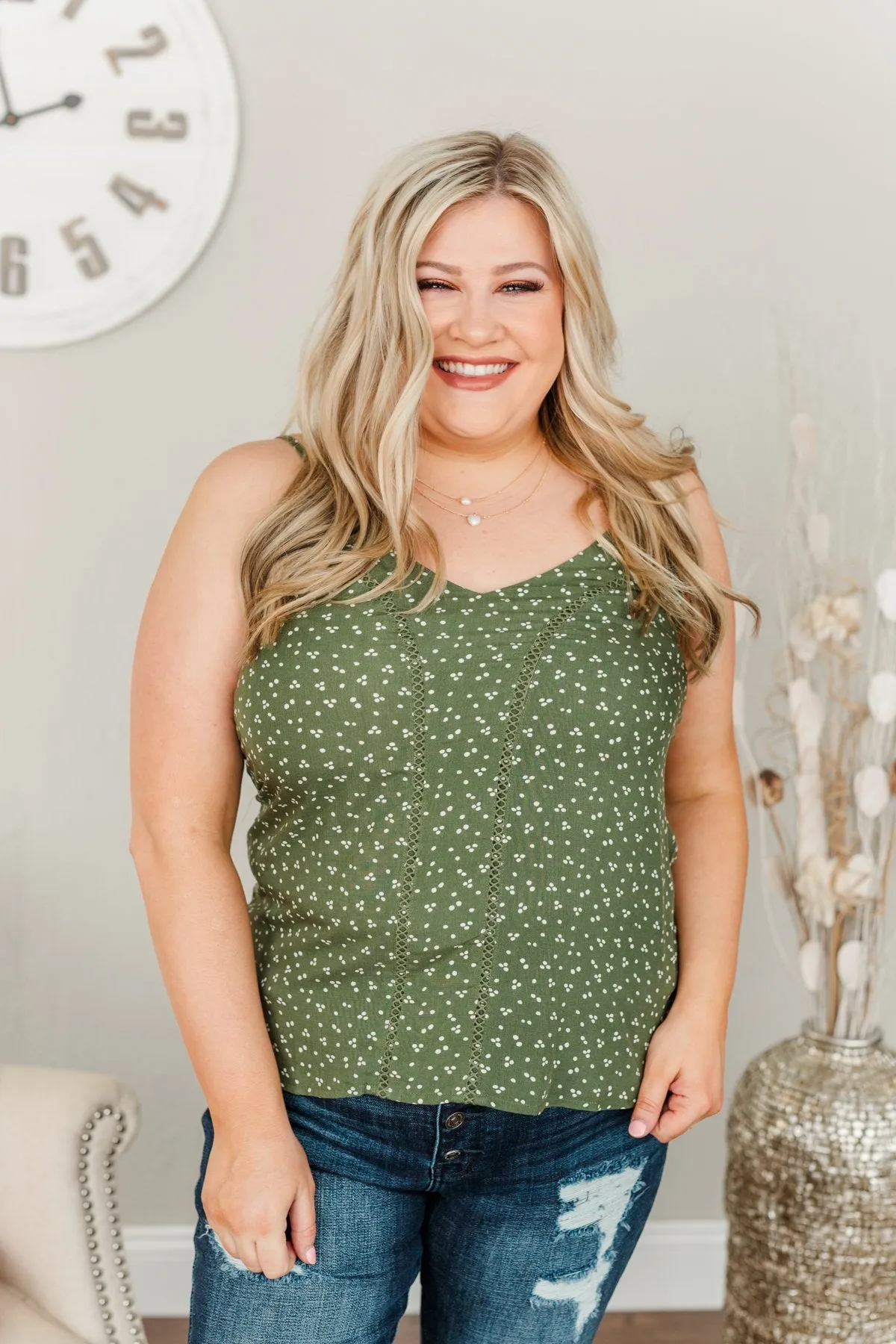 Love Yourself Spotted V-Neck Tank Top- Olive