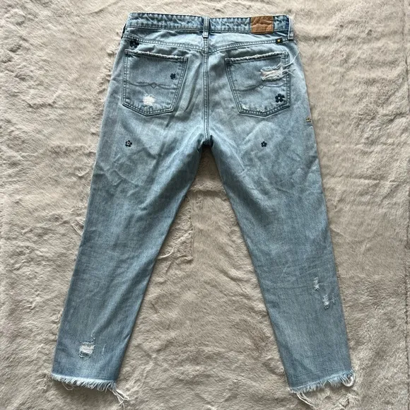 Lucky Brand light colored ripped jean, embroidered flowers sienna slim boyfriend