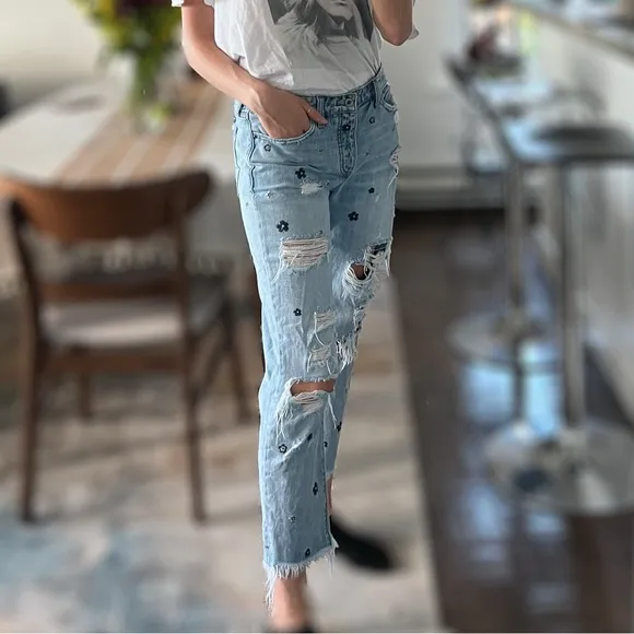 Lucky Brand light colored ripped jean, embroidered flowers sienna slim boyfriend