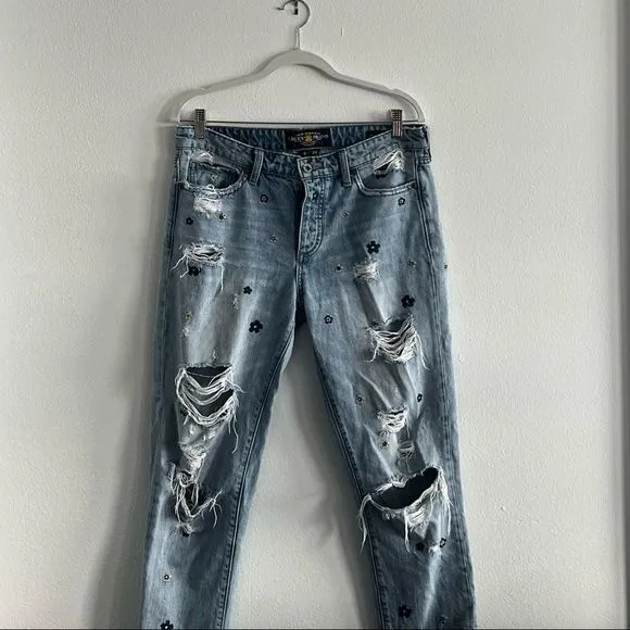 Lucky Brand light colored ripped jean, embroidered flowers sienna slim boyfriend