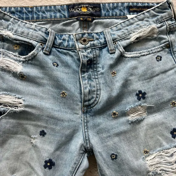 Lucky Brand light colored ripped jean, embroidered flowers sienna slim boyfriend