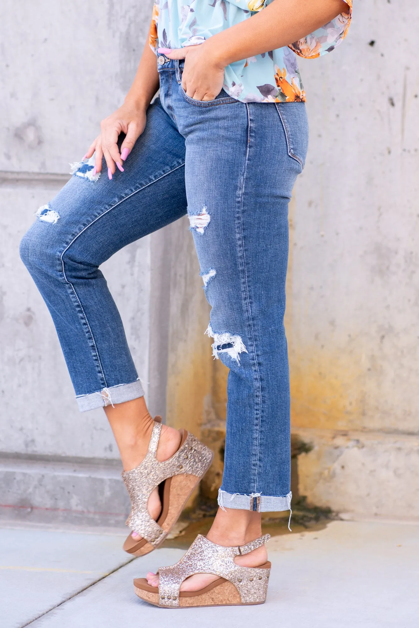 Madison Mid Rise Denim Patch Boyfriend